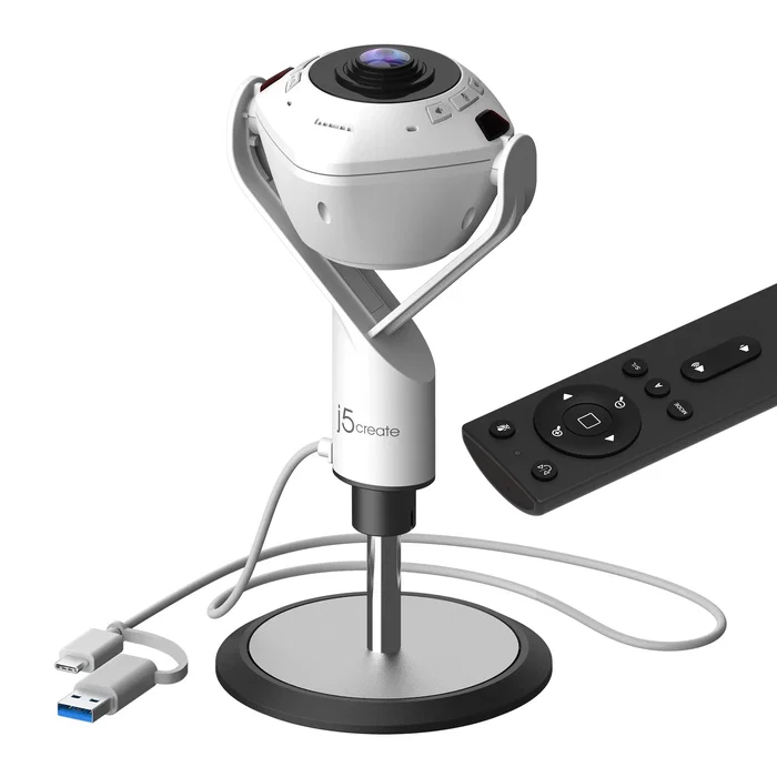 j5create Cámara web JVU368 de 360° con altavoz y tecnología de IA, Blanco