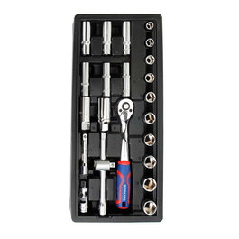 WORKPRO - Juego de 23 piezas, llave de carraca 3/8 pulg 72 dientes, 10 vasos hexagonales, 6 vasos largos, 2 barras extensión, 2 vasos bujía, articulación universal y adaptador