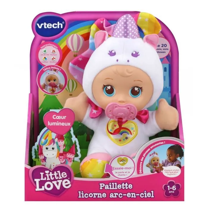 VTECH Little Love Lentejuela Unicornio Arcoiris 526305 - Muñeca Interactiva en Francés para Niños 1 a 6 años