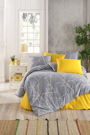 L'essentiel linge de maison Parure Fitted Sábana Bajera 100x200 cm, Funda Nórdica 160x220 cm, Funda Almohada 50x70 cm - Algodón/Poliéster Gris y Amarillo