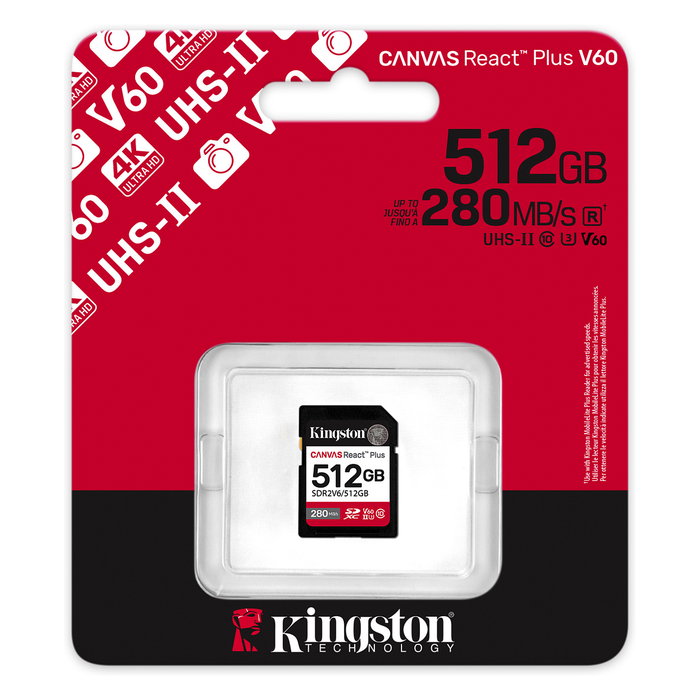 Kingston Canvas React Plus XC 512GB Tarjeta SD, Clase 10, UHS-II, U3, V60