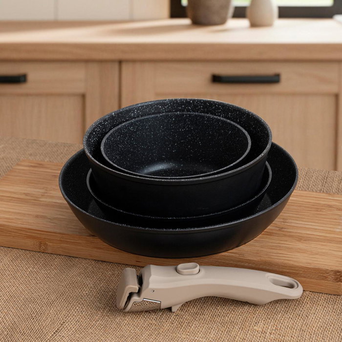 Quid Batería de Aluminio Forjado Click Chef de 4 piezas, Beige