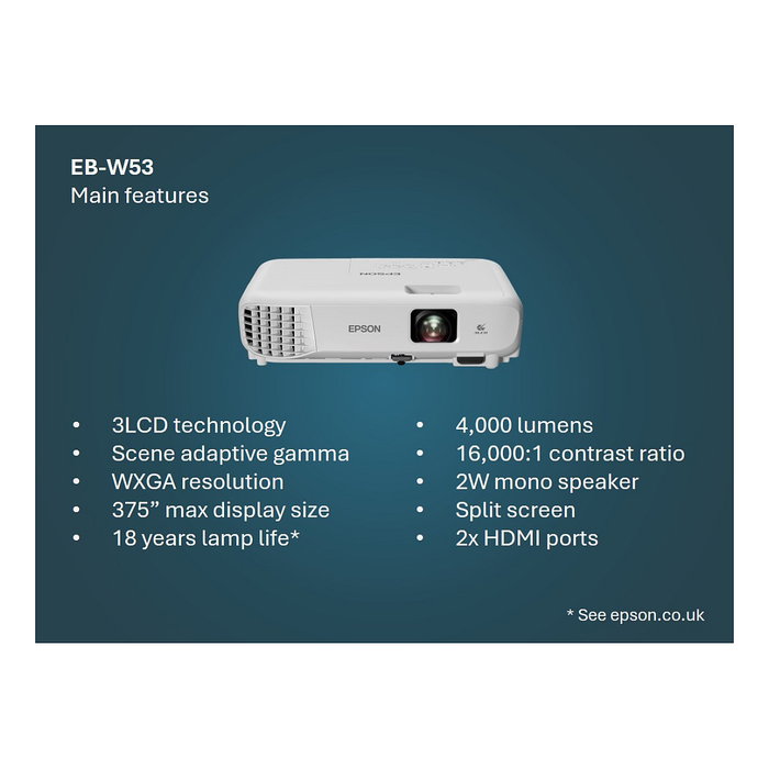 Epson EB-W53 Proyector 3LCD WXGA 4000 Lúmenes Blanco Epson EB-W53 Proyector 3LCD WXGA 4000 Lúmenes Blanco