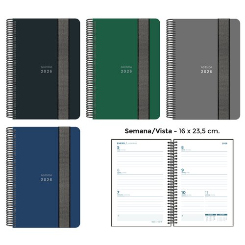 Agenda Anual (2026) Senfort Unicolor Espiral Tapa Pp Con Goma 160X235 S/V Surtido De 4
