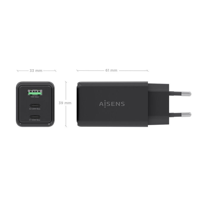 AISENS Cargador GaN 65W con 2xUSB-C y 1xUSB-A, Negro AISENS Cargador GaN 65W con 2xUSB-C y 1xUSB-A, Negro