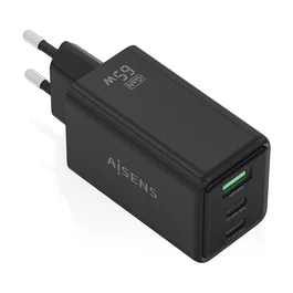 AISENS Cargador GaN 65W con 2xUSB-C y 1xUSB-A, Negro