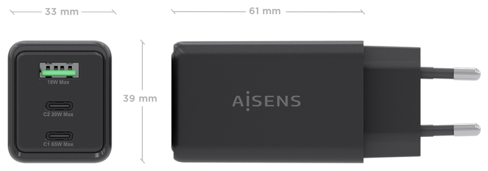 AISENS Cargador GaN 65W con 2xUSB-C y 1xUSB-A, Negro AISENS Cargador GaN 65W con 2xUSB-C y 1xUSB-A, Negro