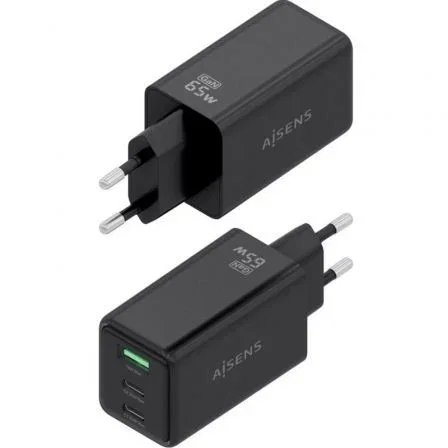 Aisens Cargador Pared GaN ASCH-65W3P073-BK 65W 2xUSB-C 1xUSB-A Negro