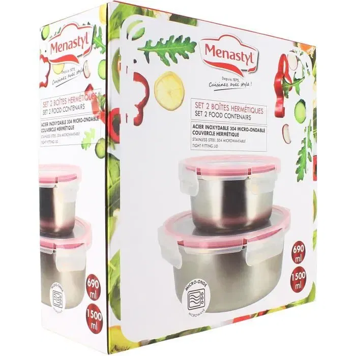 Menastyl 5040178 Juego de 2 Recipientes Herméticos Redondos Acero Inoxidable 15 y 20 cm Apto Microondas Menastyl 5040178 Juego de 2 Recipientes Herméticos Redondos Acero Inoxidable 15 y 20 cm Apto Microondas