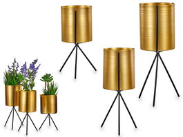 Giftdecor Set 3 Maceteros Metal con Soporte, Oro y Negro, 33x14x23 cm (Set de 6)