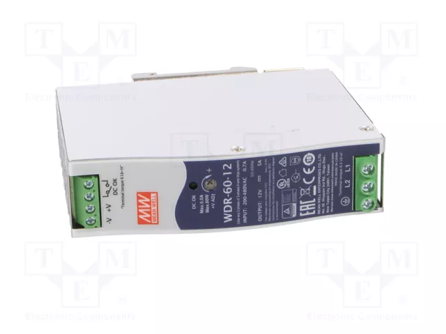 MEAN WELL WDR-60-12 Fuente de alimentación de impulso de 60W, 12VDC, 5A