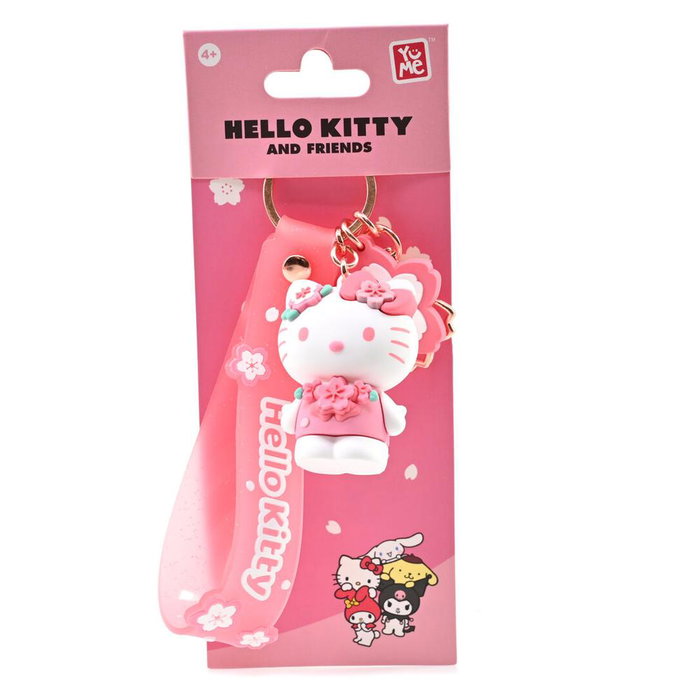 Sanrio Llavero Hello Kitty Sakura con 5 Diseños de Cerezos en Flor - PVC y Metal, Tamaño 7x17.5 cm