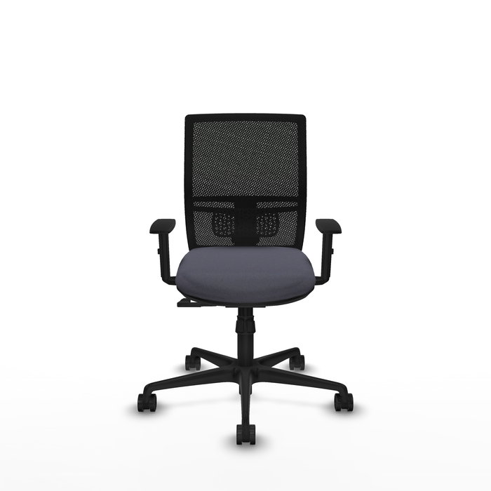 Silla de oficina Yunquera con mecanismo Sincro tapizada con Tela color Gris oscuro y malla color Negro. Equipada con lumbar 1D, Brazos 1D y Ruedas 65mm nailon