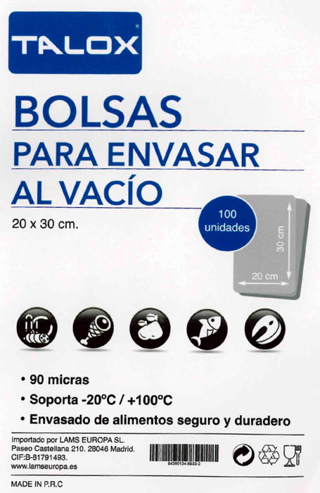 TALOX 100 Bolsas para Envasar al Vacío 90 µ 20cm x 30cm