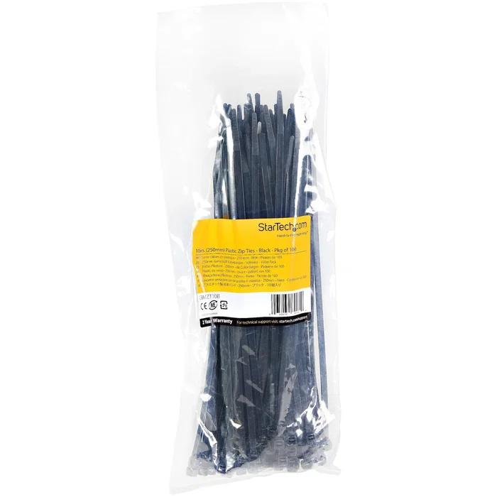 Startech CBMZT10B - Bridas de Nylon Reutilizables para Cables, Paquete de 100 Unidades, 25cm de Largo, Color Negro, 68mm Diámetro Máximo