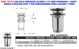 Válvula de desagüe cliker 1-1/4 en ABS cromado para lavabo/bidé 25561