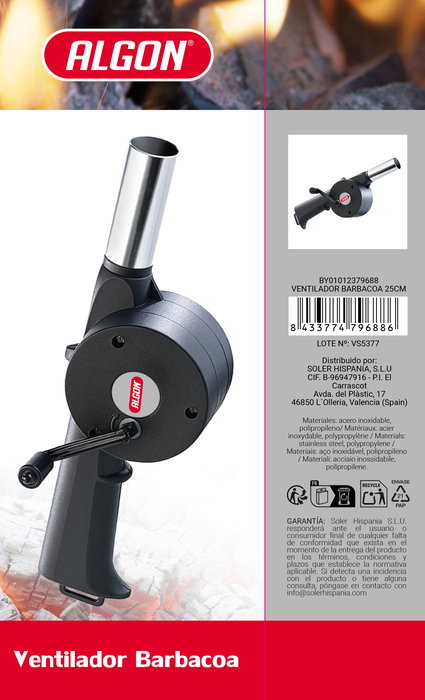 Inde Ventilador de Barbacoa 25 cm Algon Bbq - Dimensiones: 8.5 cm Largo x 5.8 cm Ancho x 24.7 cm Alto, Peso: 2.68 kg (18 Unidades)