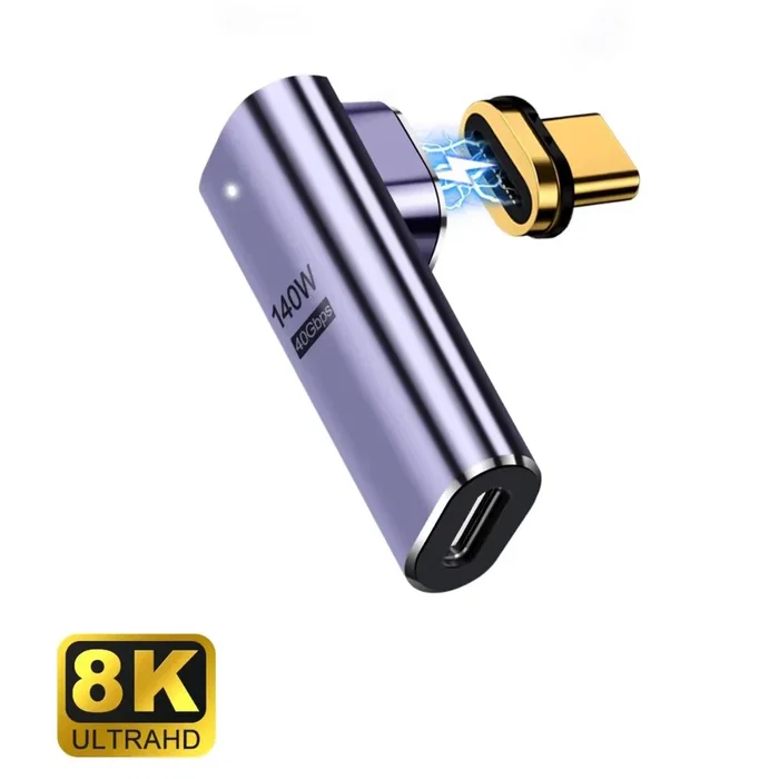 Ewent EC1049 Adaptador Magnético USB-C Slim 90°, USB4 40Gbps, Power Delivery 100W, Video 8K 60Hz, Ángulo Derecho, Color Púrpura