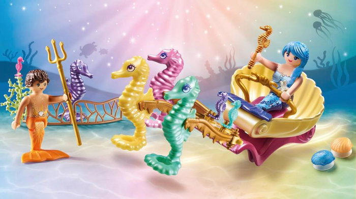 Playmobil Prinzessin Magia Set Sirena con Carruaje y Caballitos de Mar - Incluye 2 Figuras, 4 Caballitos de Mar Grandes y Accesorios para Niños +4 Años