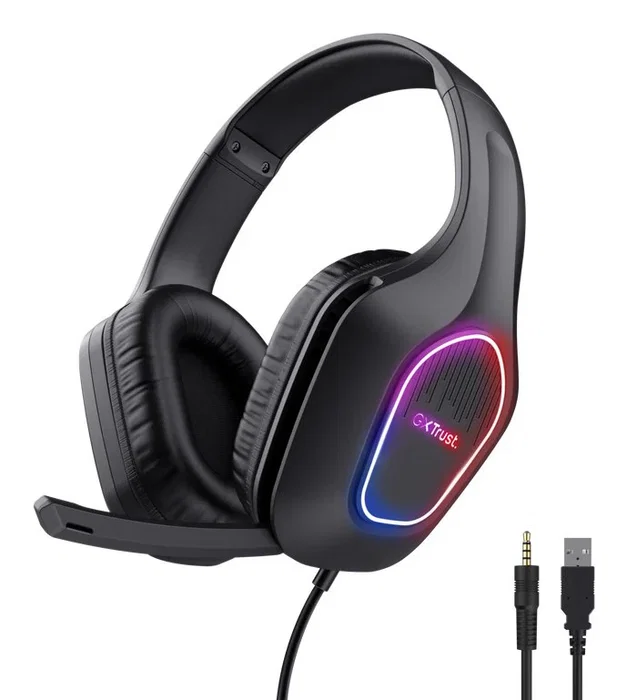 Trust GXT 416 ZIROX Auriculares Gaming Alámbricos Diadema RGB Negro, Micrófono Plegable Boom, Control de Volumen, Conexión USB A y 3.5 mm