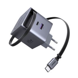 UGREEN Cargador GaN 45W con Cable USB-C Retráctil, USB-C y USB-A, Negro