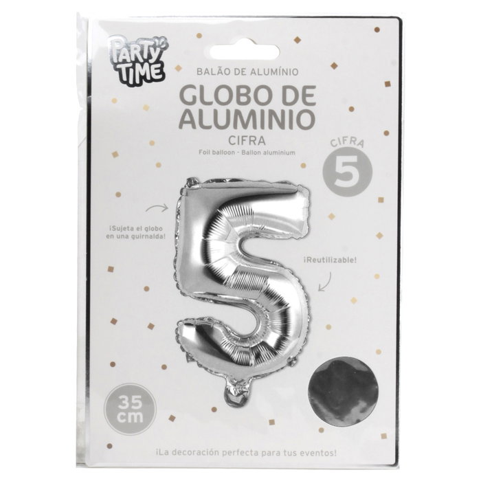 Party Time Globo Cifra 5 Plata para Fiestas de Cumpleaños y Aniversarios, Altura 35 cm
