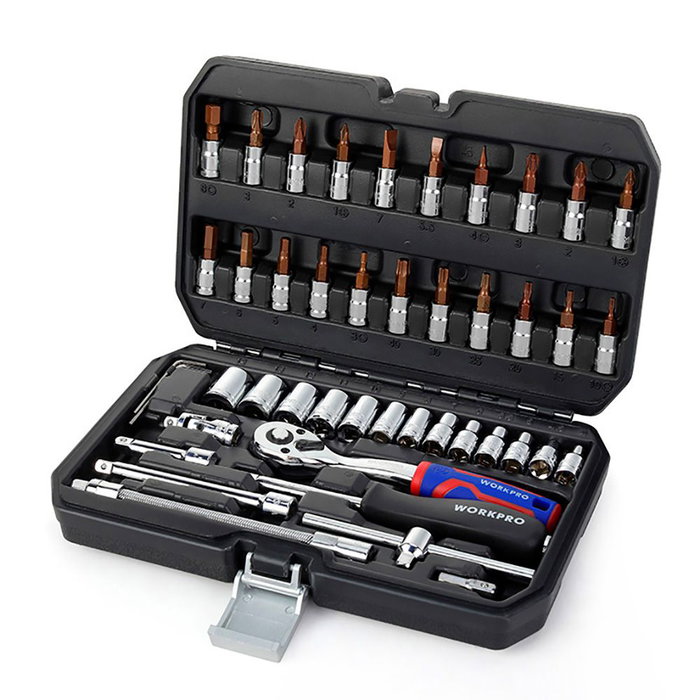 Workpro Juego de Llaves de Vaso 1/4 Pulgada, 46 Piezas con Carraca 72 Dientes, Vasos de 4-14mm y 21 Puntas de Acero S2
