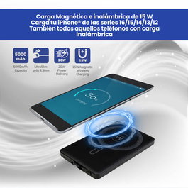 EWENT EW1160 Powerbank 5000mAh 22.5W MagSafe UltraSlim USB-C/USB-A 5000mAh 22.5W Carga Rápida