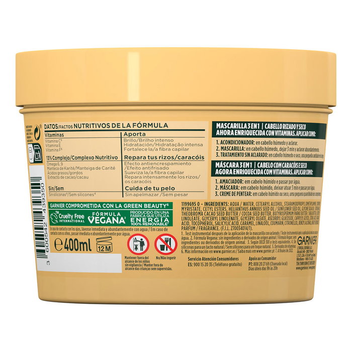 Garnier Fructis Hair Food Mascarilla Rizos Nutridos Manteca Cacao para Cabello Rizado y Seco 390 ml