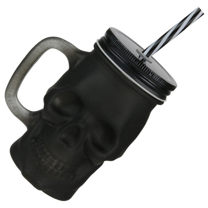 The Concept Factory Mug T 350 Ml Calavera Negra Cristal Con Tapa Metal Y Pajita Reutilizable