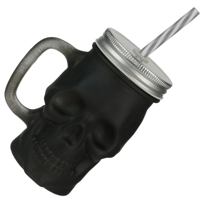 The Concept Factory Mug T 350 Ml Calavera Negra Cristal Con Tapa Metal Y Pajita Reutilizable