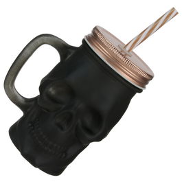 The Concept Factory Mug T 350 Ml Calavera Negra Cristal Con Tapa Metal Y Pajita Reutilizable
