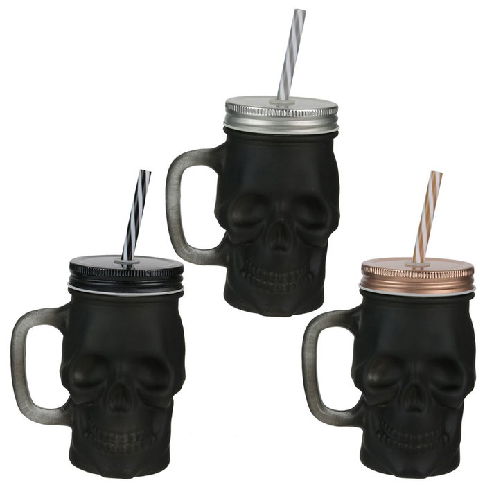 The Concept Factory Mug T 350 Ml Calavera Negra Cristal Con Tapa Metal Y Pajita Reutilizable