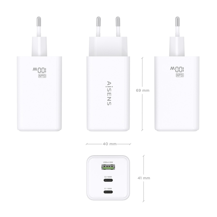 AISENS Cargador GaN 100W, 2x USB-C PD3.0 QC4.0 QC5.0, 1x USB-A QC3.0, Blanco