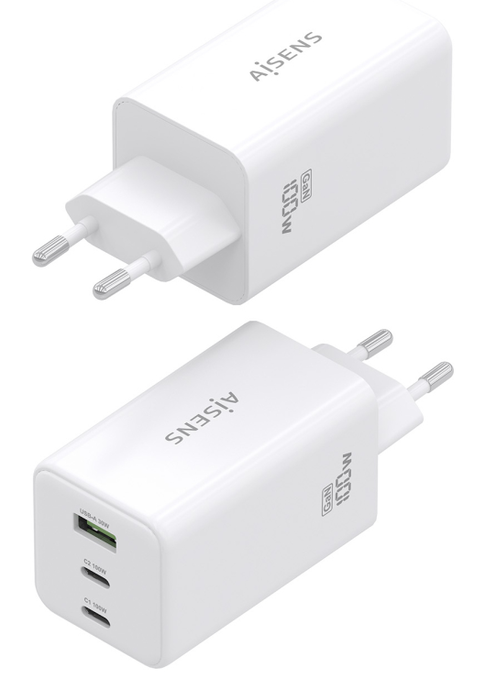 AISENS Cargador GaN 100W, 2x USB-C PD3.0 QC4.0 QC5.0, 1x USB-A QC3.0, Blanco