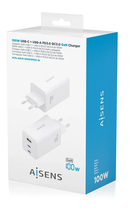 Aisens ASCH-100W3P051-W Cargador GaN 100W con 2 Puertos USB-C PD3.0/QC4.0/QC5.0 y 1 Puerto USB-A QC3.0 para Carga Rápida de Laptops y Móviles - Blanco