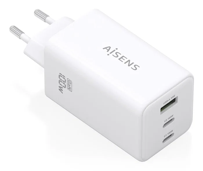 Aisens ASCH-100W3P051-W Cargador GaN 100W con 2 Puertos USB-C PD3.0/QC4.0/QC5.0 y 1 Puerto USB-A QC3.0 para Carga Rápida de Laptops y Móviles - Blanco
