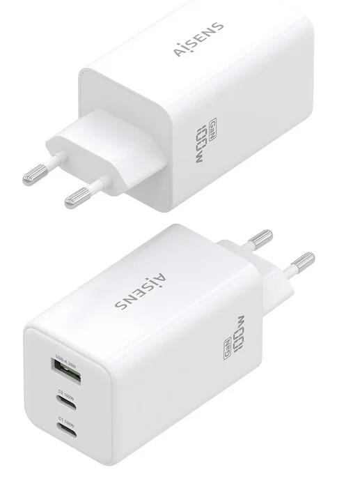 Aisens ASCH-100W3P051-W Cargador GaN 100W con 2 Puertos USB-C PD3.0/QC4.0/QC5.0 y 1 Puerto USB-A QC3.0 para Carga Rápida de Laptops y Móviles - Blanco