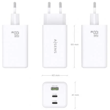 Aisens Cargador GaN 100W, 2 puertos USB-C PD 3.0 QC 4.0 QC 5.0, 1 puerto USB-A QC 3.0, Blanco