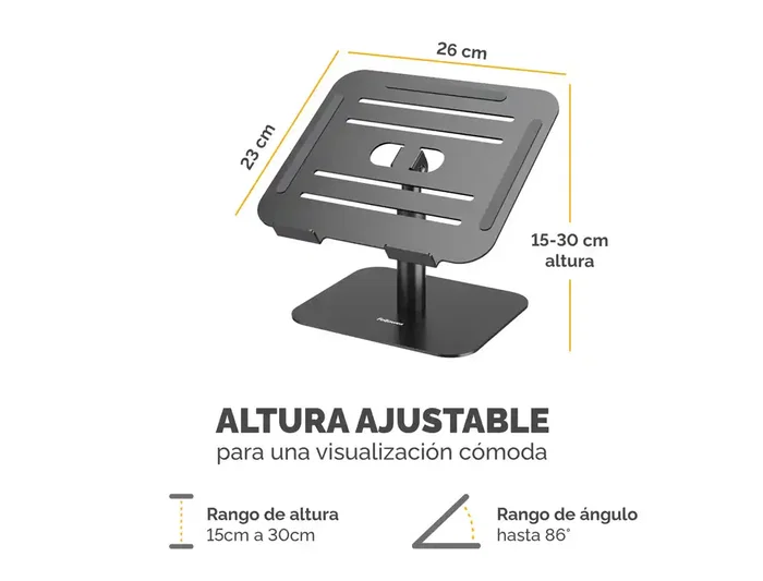 Fellowes Soporte para Portátil Aluminia Negro, Peana Ergonómica Ajustable, 280x245x65 mm