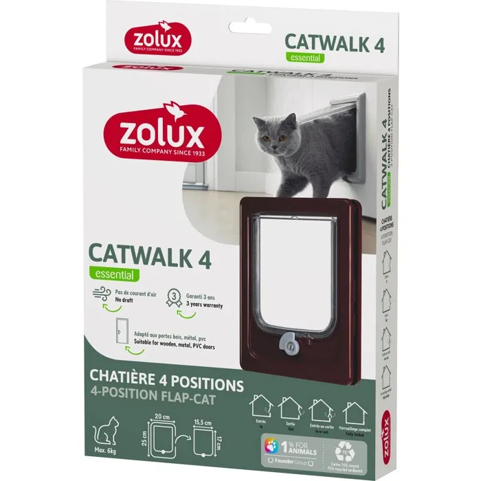 Zolux Gatera Catwalk, para puertas de madera, PVC y metal, 4 posiciones, 20 x 25 cm, Color marrón - ZOL3336024010754