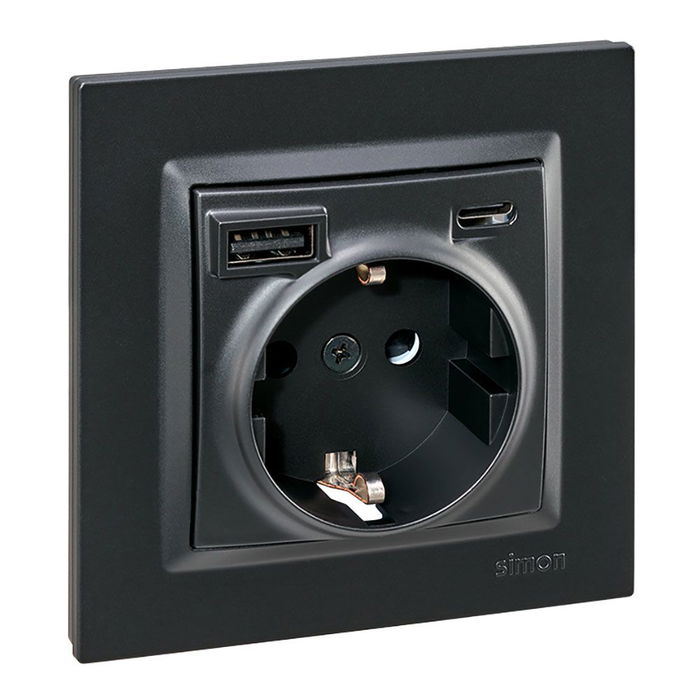 Simon Base de Enchufe Empotrar Serie Simon 10, Schuko + USB-A y USB-C 10.5W, 16A 250V, Negro
