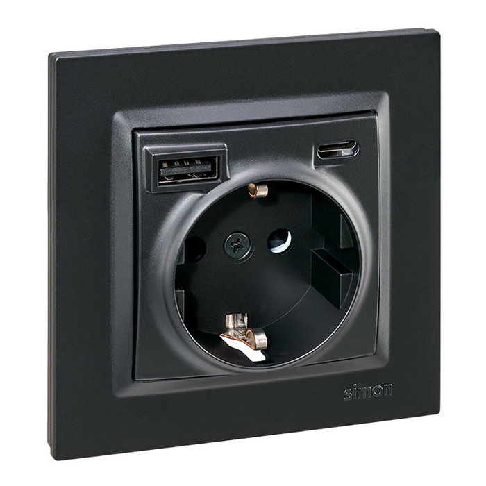 Simon Base enchufe Schuko + USB A + C 10,5 W 16 A 250 V~ Negro mate Simon Base enchufe Schuko + USB A + C 10,5 W 16 A 250 V~ Negro mate