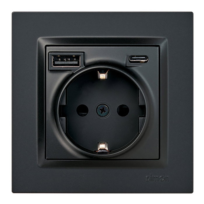 Simon Base enchufe Schuko + USB A + C 10,5 W 16 A 250 V~ Negro mate Simon Base enchufe Schuko + USB A + C 10,5 W 16 A 250 V~ Negro mate