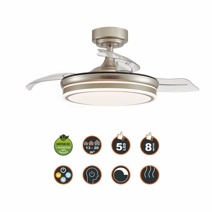 Cristalrecord Moss Mini Ventilador de techo LED con aspas retráctiles, Níquel