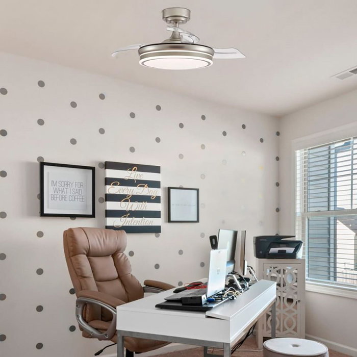 Cristalrecord Ventilador de Techo Moss Mini con Luz LED 3CCT 5520 lm, Aspas Retráctiles de 92 cm, Motor DC Silencioso, 6 Velocidades, Mando a Distancia Incluido, Color Níquel