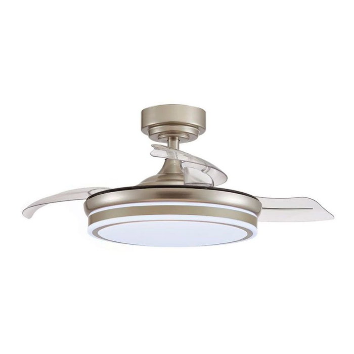 Cristalrecord Ventilador de Techo Moss Mini con Luz LED 3CCT 5520 lm, Aspas Retráctiles de 92 cm, Motor DC Silencioso, 6 Velocidades, Mando a Distancia Incluido, Color Níquel