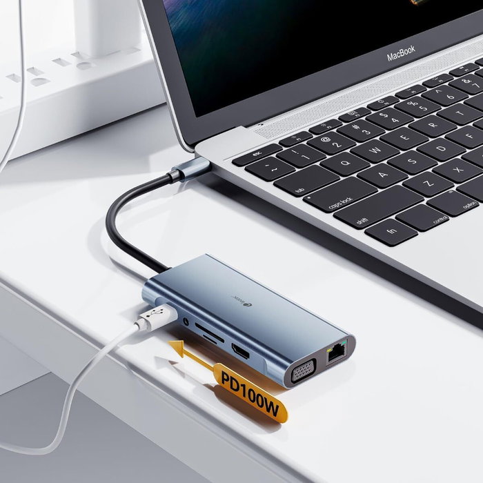 Leotec LEDS01 Docking Station 11 en 1 Gris USB-C PD 100W HDMI 4K VGA RJ45 SD/microSD