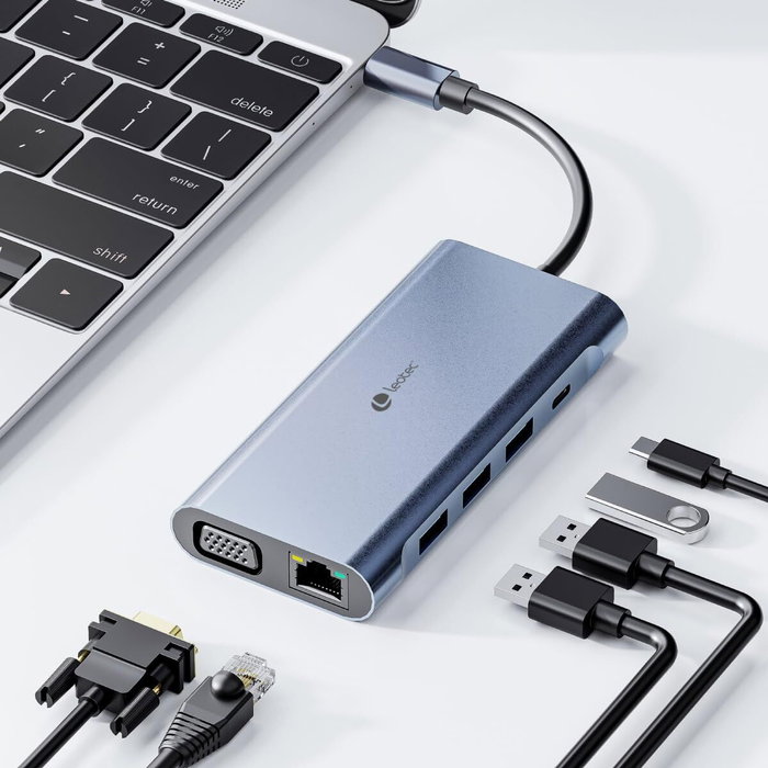 Leotec LEDS01 Docking Station 11 en 1 Gris USB-C PD 100W HDMI 4K VGA RJ45 SD/microSD