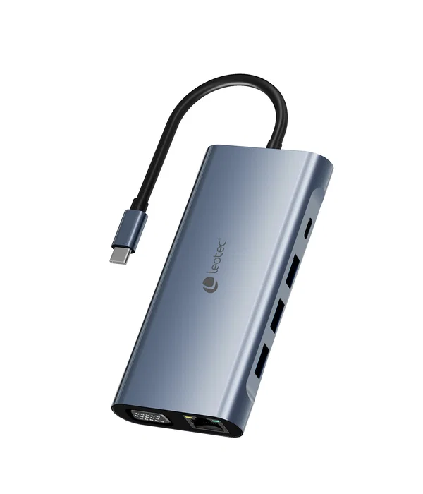 Leotec Docking Station 11 en 1 LEDS01 Gris con USB-C PD 100W, HDMI y VGA